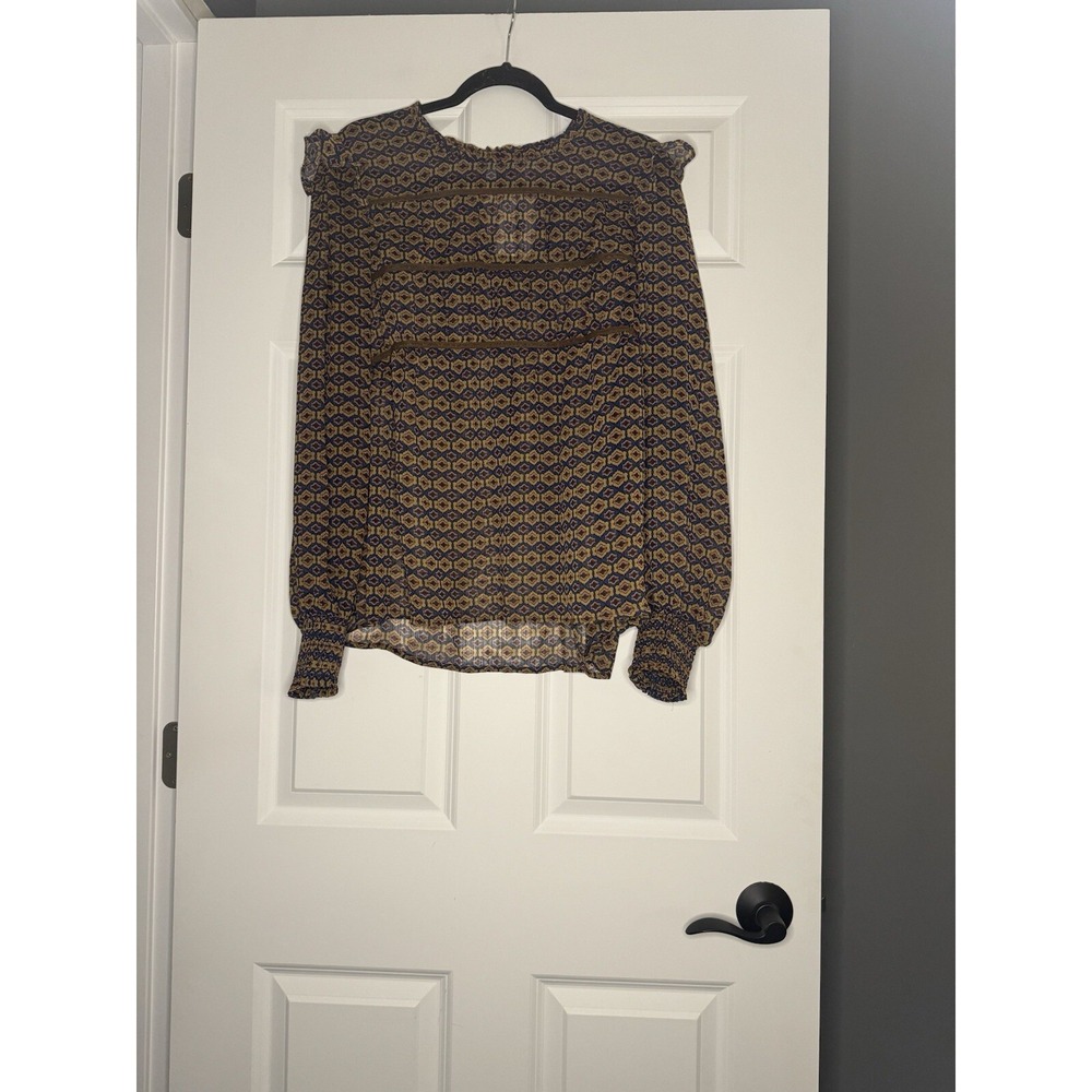 Mystree Long Sleeve Semi Sheer Chiffon Geometric Print Ruffle Top Large Nwt 46
